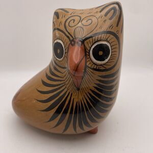 Vintage TONALA POTTERY Mexican Hand Painted Red Clay Owl Bird 6” X 5” Signed